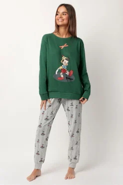 Admas Pijamas-Pijama comprido estampado Pinocho para mulher verde