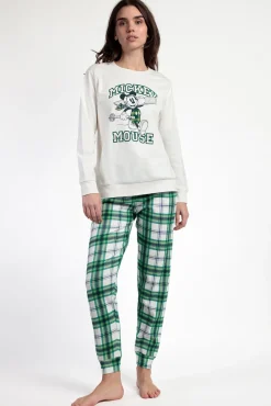 Admas Pijamas-Pijama comprido felpa xadrez 100% algodão Ski Mickey bege