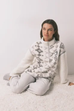 Women'secret Pijamas-Pijama comprido longo de borrego e polar do Snoopy cinzento