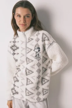 Women'secret Pijamas-Pijama comprido longo de borrego e polar do Snoopy cinzento