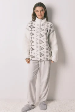 Women'secret Pijamas-Pijama comprido longo de borrego e polar do Snoopy cinzento