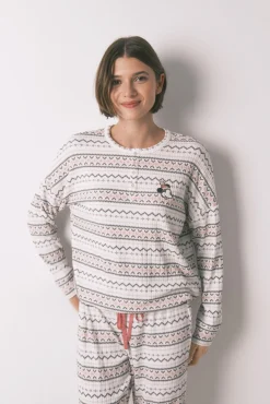 Women'secret Pijamas-Pijama comprido malha quente suave sanefas Mickey branco