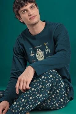 Admas Pijamas-Pijama comprido naves Star Wars 100% algodão homem azul