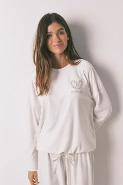 Women'secret Pijamas-Pijama comprido polar estampado riscas lurex bege