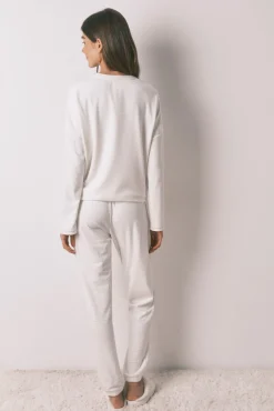 Women'secret Pijamas-Pijama comprido polar estampado riscas lurex bege