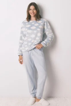 Women'secret Pijamas-Pijama comprido polar mousse nuvens azul