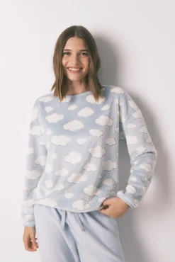Women'secret Pijamas-Pijama comprido polar mousse nuvens azul