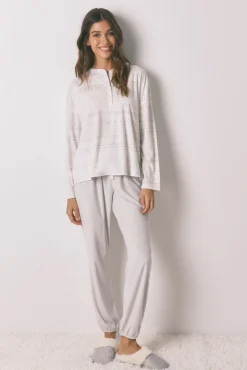 Women'secret Pijamas-Pijama comprido polar suave cinzento branco