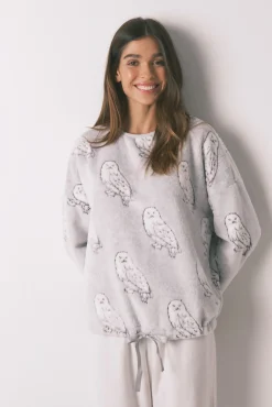 Women'secret Pijamas-Pijama comprido polar suave estampado "Hedwig" bege