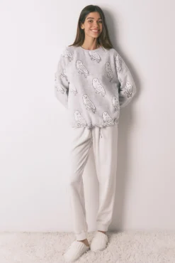Women'secret Pijamas-Pijama comprido polar suave estampado "Hedwig" bege