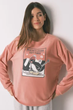 Women'secret Pijamas-Pijama comprido polar suave e cinzento Pingu rosa