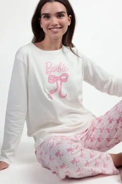 Admas Pijamas-Pijama comprido riscas laços Barbie 100% algodão bege