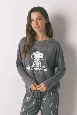 Women'secret Pijamas-Pijama comprido Snoopy 100% algodão cinzento