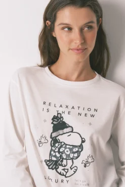 Women'secret Pijamas-Pijama comprido Snoopy 100% algodão branco