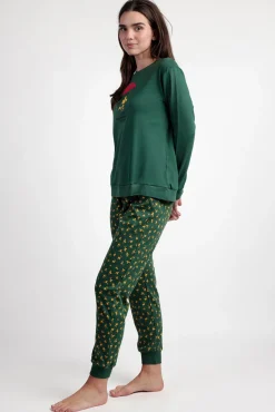 Admas Pijamas-Pijama comprido Snoopy 100% algodão para mulher verde
