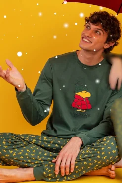 Admas Pijamas-Pijama comprido Snoopy 100% algodão para homem verde