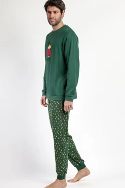 Admas Pijamas-Pijama comprido Snoopy 100% algodão para homem verde