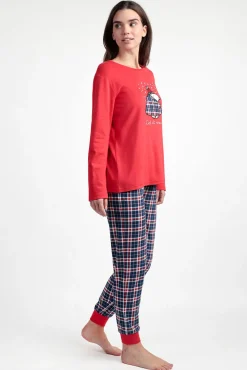 Admas Pijamas-Pijama comprido Snoopy xadrez 100% algodão vermelho