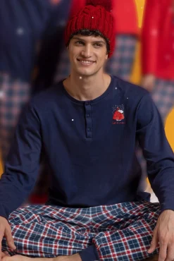 Admas Pijamas-Pijama comprido Snoopy xadrez 100% algodão azul