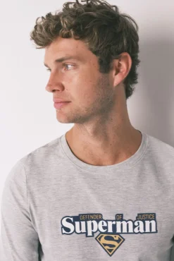 Women'secret Pijamas-Pijama comprido Superman cinza 100% algodão cinzento