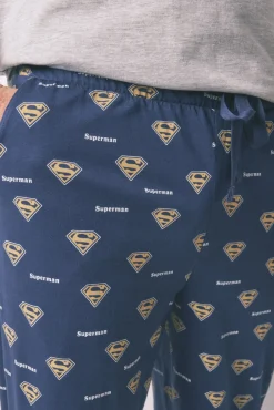 Women'secret Pijamas-Pijama comprido Superman cinza 100% algodão cinzento