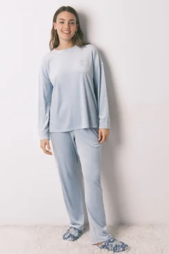 Women'secret Pijamas-Pijama comprido veludo cotelê azul