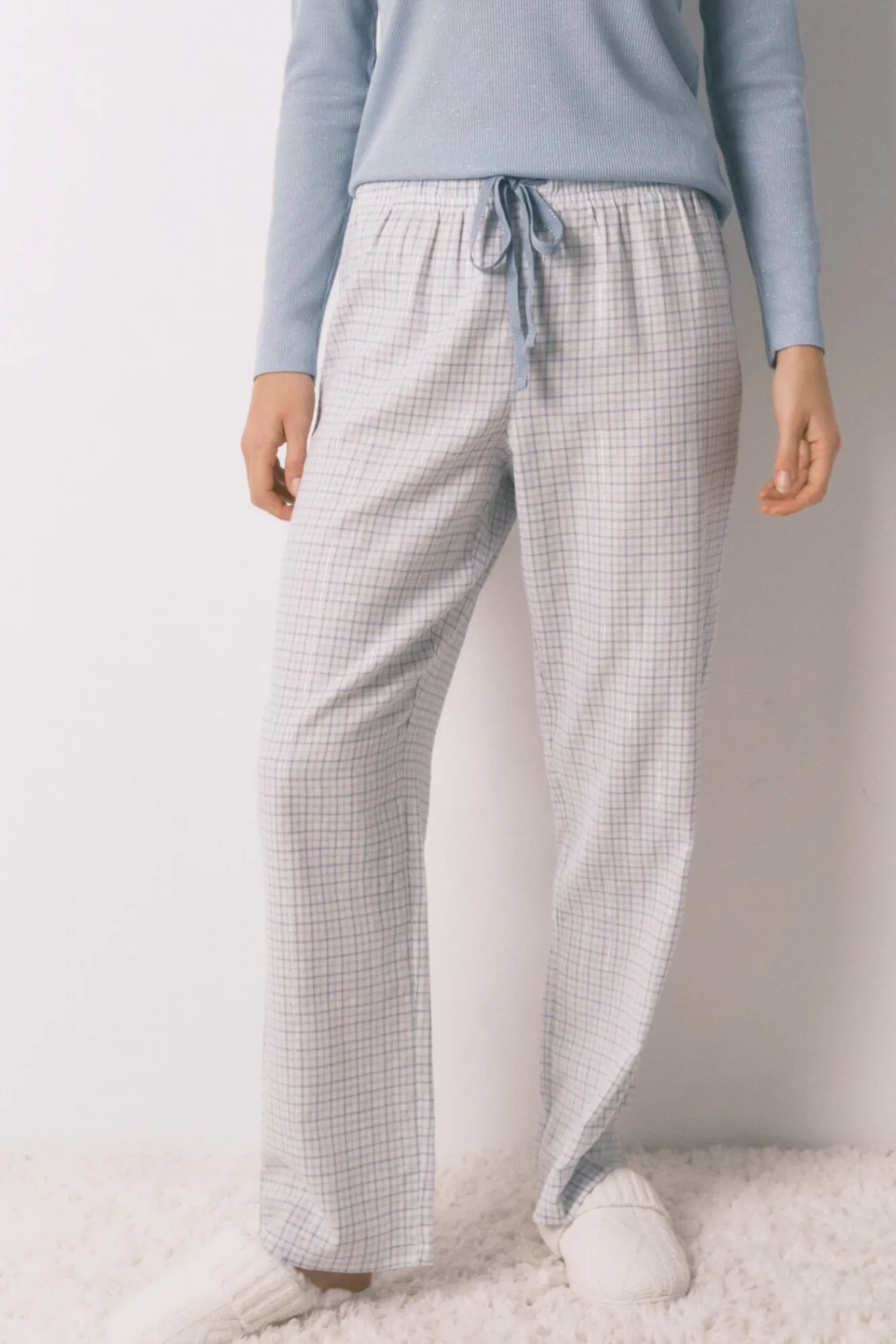 Women'secret Pijamas-Pijama comprido xadrez efeito brilho azul