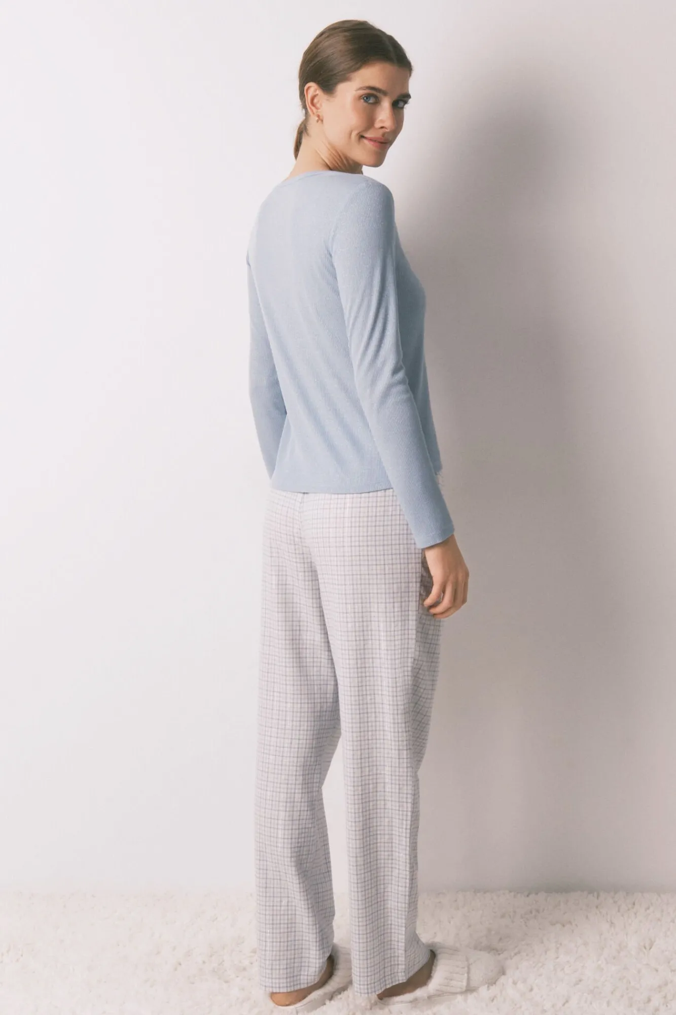 Women'secret Pijamas-Pijama comprido xadrez efeito brilho azul