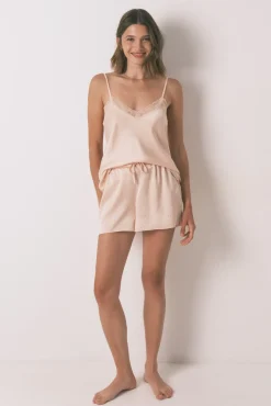 Women'secret Pijamas-Pijama curto de cetim com renda rosa