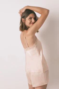 Women'secret Pijamas-Pijama curto de cetim com renda rosa