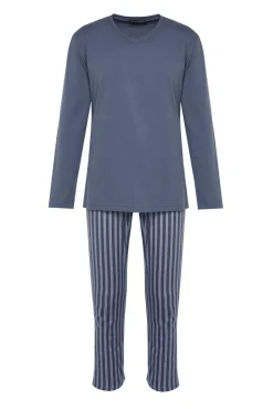 Trendyol Pijamas-Pijama de malha de estampado de corte regular em claro azul