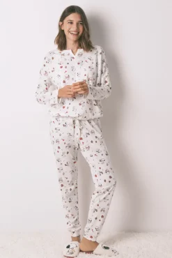 Women'secret Pijamas-Pijama longo 100% algodão branco Snoopy bege