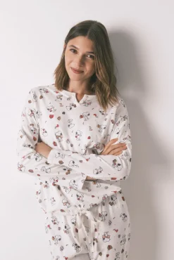 Women'secret Pijamas-Pijama longo 100% algodão branco Snoopy bege