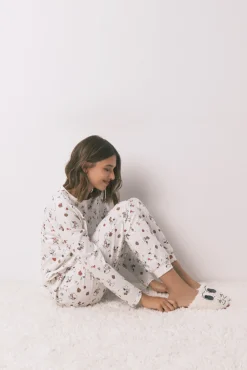 Women'secret Pijamas-Pijama longo 100% algodão branco Snoopy bege