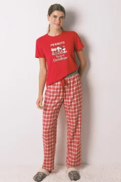 Women'secret Pijamas-Pijama longo 100% algodão estampado xadrez Snoopy vermelho