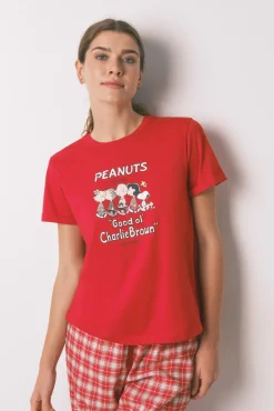 Women'secret Pijamas-Pijama longo 100% algodão estampado xadrez Snoopy vermelho