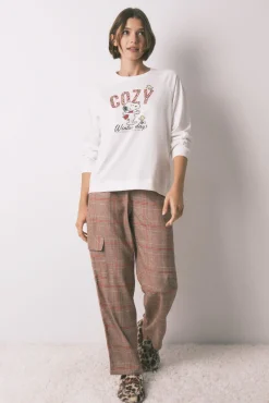 Women'secret Pijamas-Pijama longo 100% algodão estampado xadrez Snoopy bege