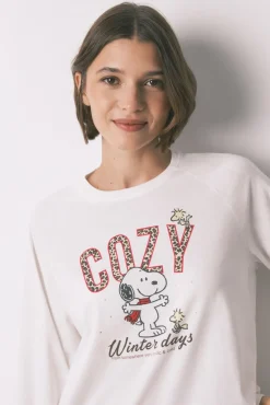 Women'secret Pijamas-Pijama longo 100% algodão estampado xadrez Snoopy bege