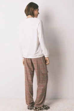 Women'secret Pijamas-Pijama longo 100% algodão estampado xadrez Snoopy bege