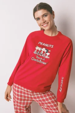 Women'secret Pijamas-Pijama longo 100% algodão estampado xadrez Snoopy vermelho