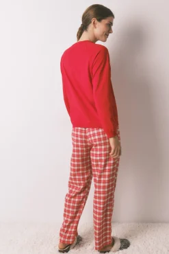 Women'secret Pijamas-Pijama longo 100% algodão estampado xadrez Snoopy vermelho
