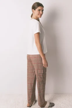 Women'secret Pijamas-Pijama longo 100% algodão estampado xadrez Snoopy bege