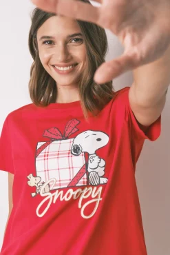Women'secret Pijamas-Pijama longo 100% algodão xadrez Snoopy vermelho