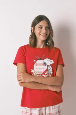 Women'secret Pijamas-Pijama longo 100% algodão xadrez Snoopy vermelho