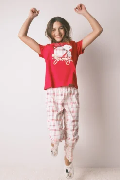 Women'secret Pijamas-Pijama longo 100% algodão xadrez Snoopy vermelho