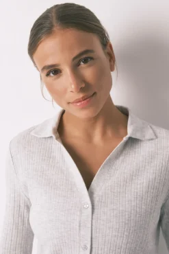 Women'secret Pijamas-Pijama longo de algodão canelado cinza cinzento