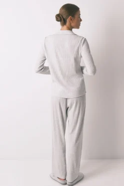 Women'secret Pijamas-Pijama longo de algodão canelado cinza cinzento