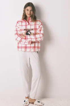 Women'secret Pijamas-Pijama longo de lã xadrez branco Mafalda bege