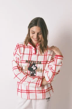 Women'secret Pijamas-Pijama longo de lã xadrez branco Mafalda bege