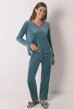 Women'secret Pijamas-Pijama longo de veludo verde
